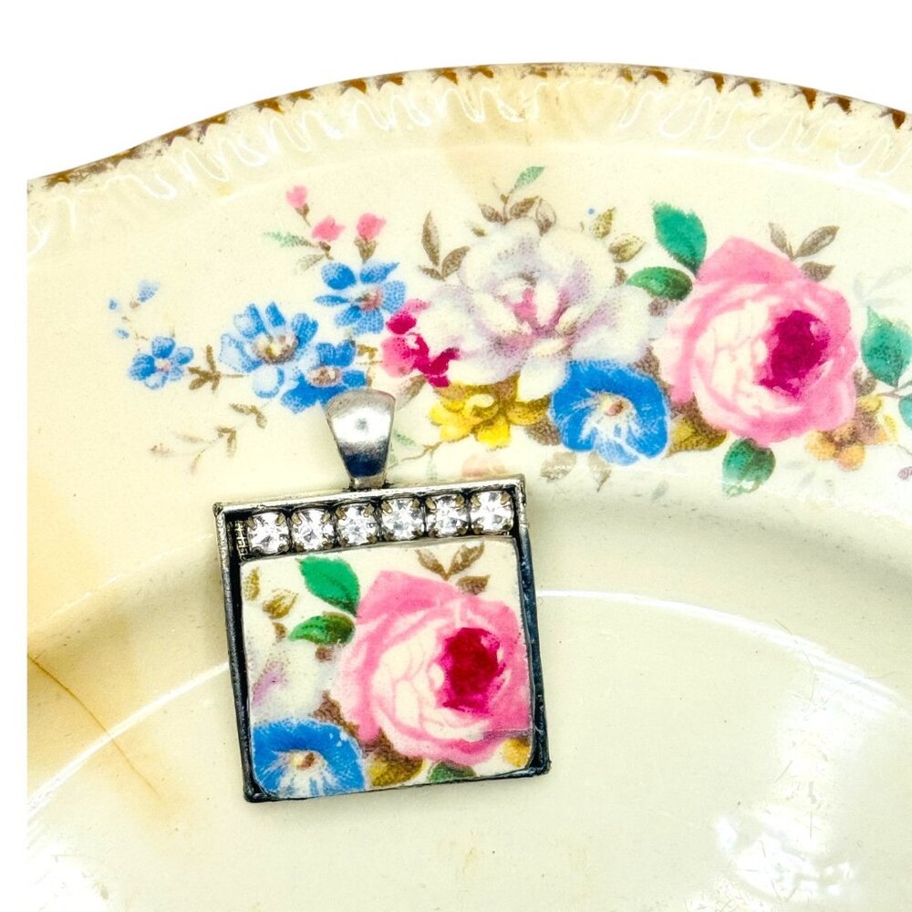 Homer Laughlin Floral Broken China  Square Pendant with Rhinestones Necklace - Picture 5 of 15